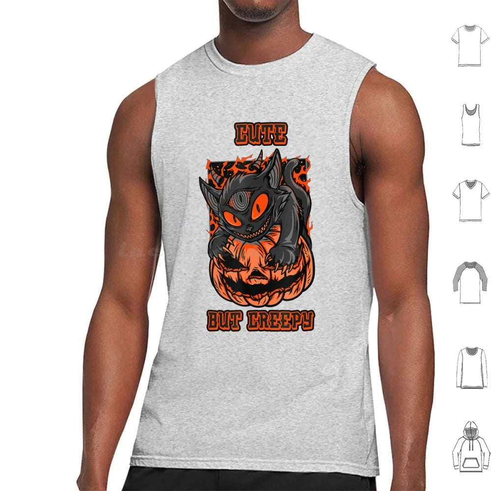 Camiseta Sin Mangas Psycho Cat y Calabaza – Algodón 100% Estilo Oversize Halloween Gótico para Hombre