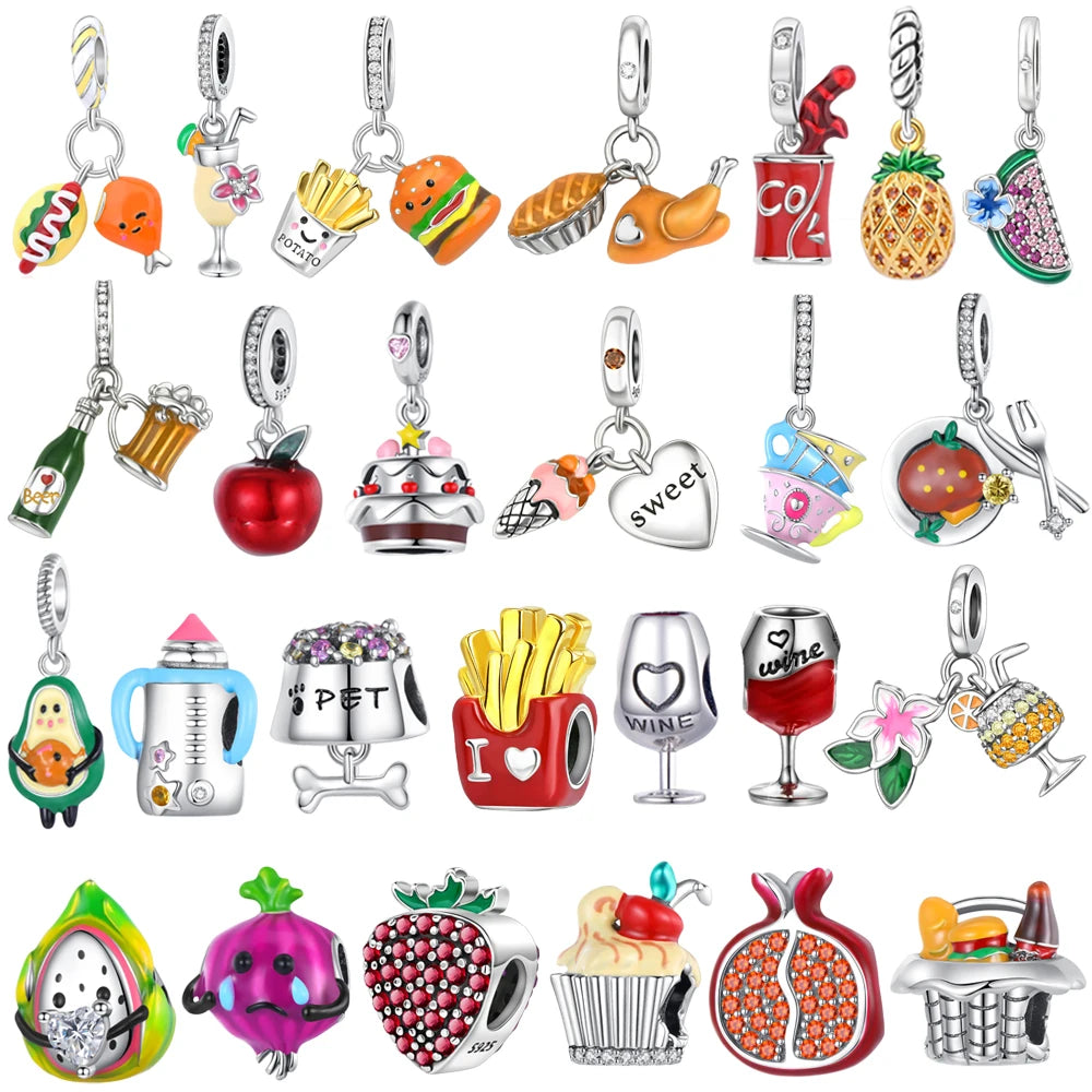 Charm Comida Divertida en Plata 925 – Café, Pastel, Frutas, Hamburguesa y Papas | Compatible Pandora 2025