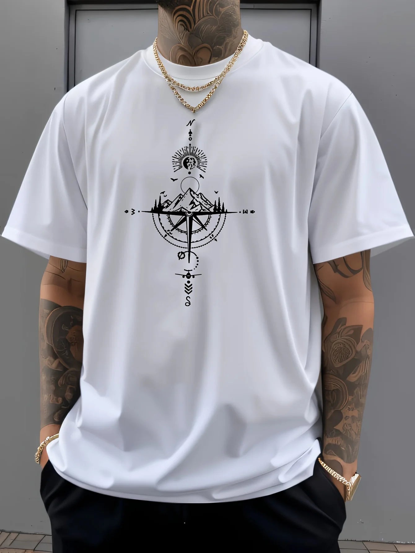Camiseta Hombre Verano 100% Algodón | Casual Deportivo Oversized | Estampado Brújula Retro Manga Corta Cuello Redondo