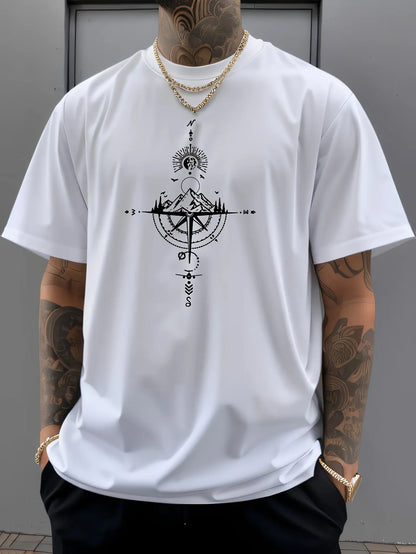 Camiseta Hombre Verano 100% Algodón | Casual Deportivo Oversized | Estampado Brújula Retro Manga Corta Cuello Redondo