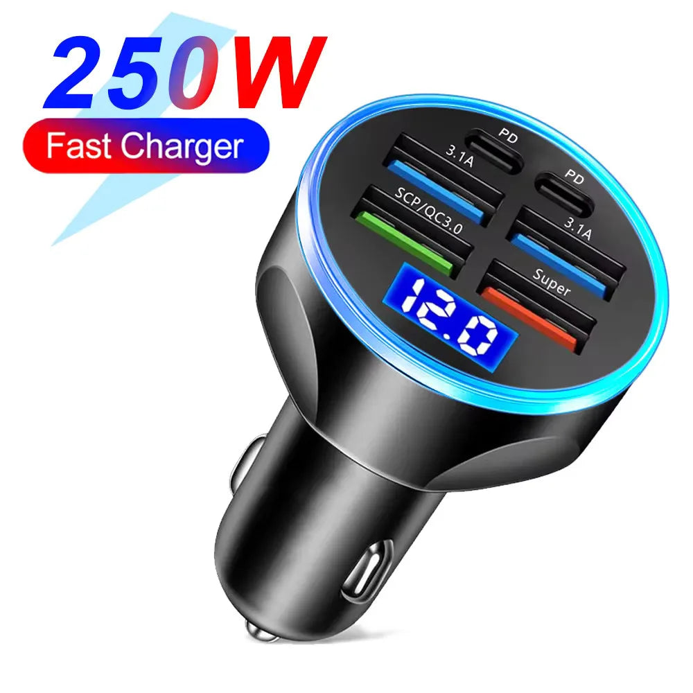 250W Fast Car Charger 6 Ports Quick Charge PD Type C USB A Adapter Transparent Case for iPhone 15 16 Pro Samsung S24 Xiaomi Poco