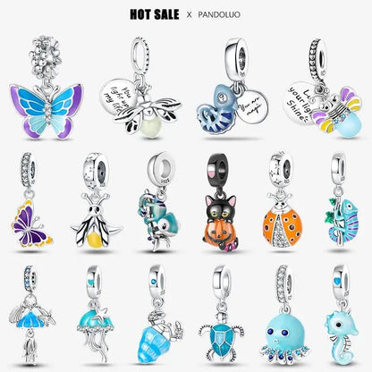 Charm camaleón y luciérnaga que brilla en la oscuridad – Plata 925 para pulsera tipo Pandora, joyería DIY única