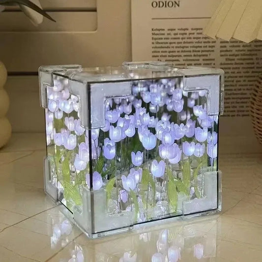 Lámpara cúbica DIY tulipán con espejo – Luz nocturna de mesa simulación flor para dormitorio