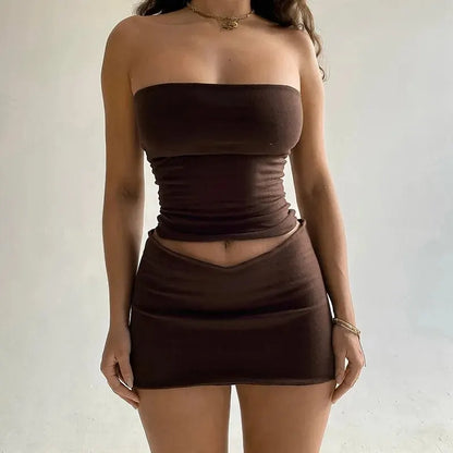 Conjunto Dos Piezas Mujer 2025 | Top Palabra de Honor y Mini Falda Sexy Fiesta Primavera Verano