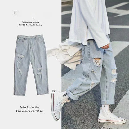 Jeans Oversize Hombre Cropped Verano | Vaqueros Rotos Tallas Grandes Moda Coreana