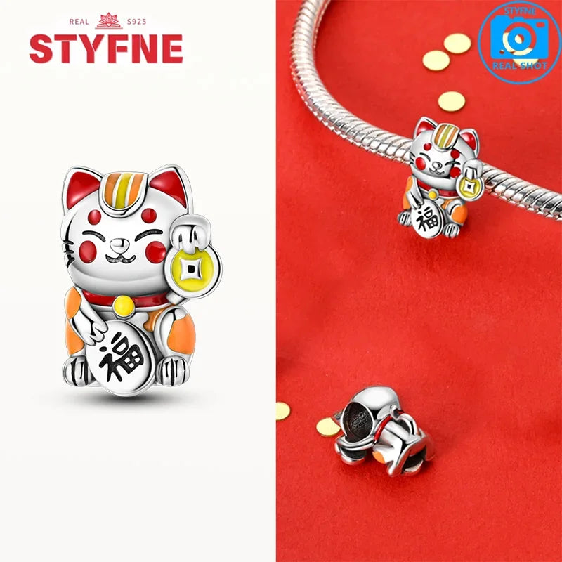 Charm dragón chino y gato de la suerte en plata 925 – Abalorios clásicos para pulsera tipo Pandora, joyería DIY para mujer