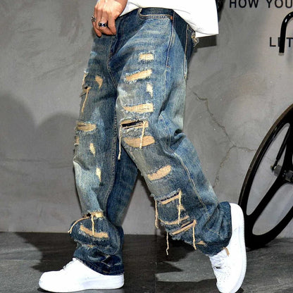 Jeans Rotos Baggy para Hombre – Pantalones Denim Distressed Streetwear Skateboard Oversize Pierna Recta con Patchwork