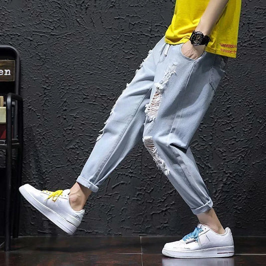 Jeans Oversize Hombre Cropped Verano | Vaqueros Rotos Tallas Grandes Moda Coreana