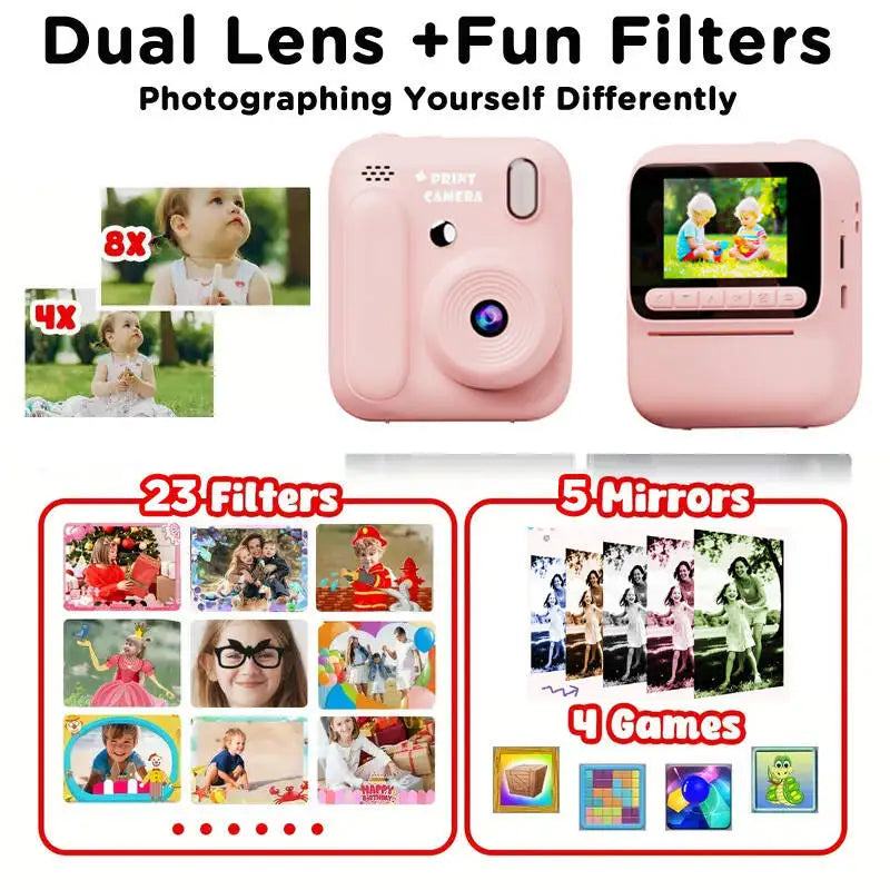 Cámara instantánea infantil a color – Cámara de fotos y video 1080P con impresión térmica, juegos y memoria 32GB para niños