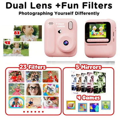 Cámara instantánea infantil a color – Cámara de fotos y video 1080P con impresión térmica, juegos y memoria 32GB para niños