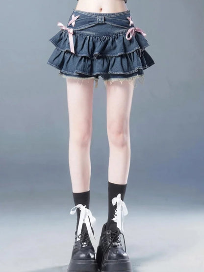 Falda Corta Plisada Mujer Denim Azul | Diseño con Lazo y Shorts Internos Estilo A-Line