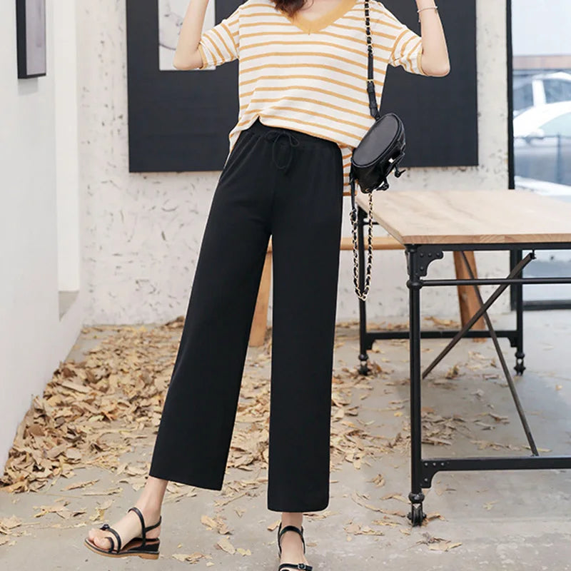 Pantalón Ancho Mujer Verano | Pantalones Sueltos Seda Helada Cintura Elástica Casual Primavera