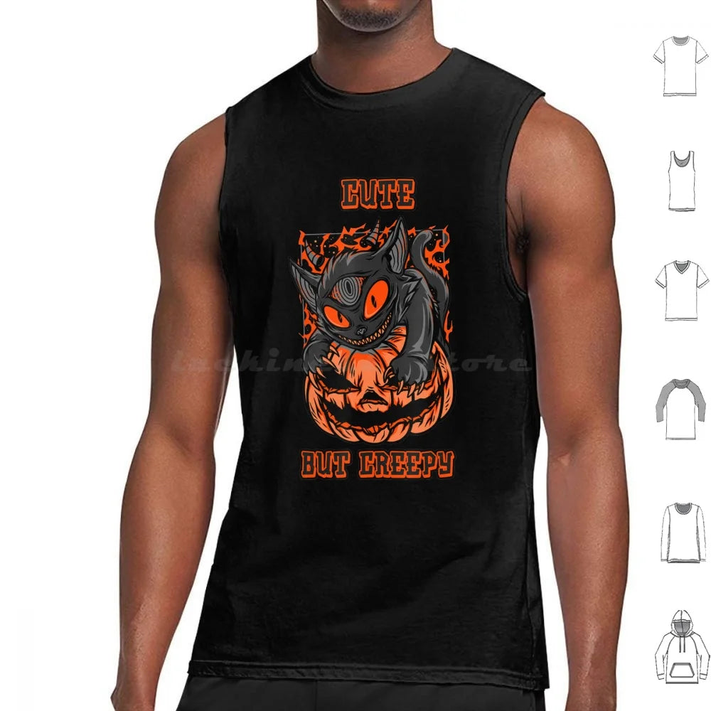 Camiseta Sin Mangas Psycho Cat y Calabaza – Algodón 100% Estilo Oversize Halloween Gótico para Hombre