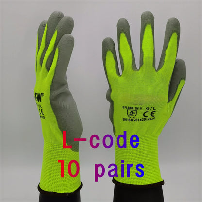 10 Pares Guantes de Trabajo PU 🧤 Antideslizantes, Resistentes y Ligeros – Guantes de Seguridad Certificados EN 388/ISO20471 (Tallas S/M/L/XL)