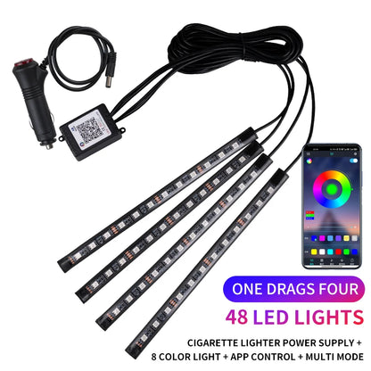 Kit de Luces LED Neón RGB para Interior de Coche | Tiras Decorativas con Control Remoto, App y Modo Música