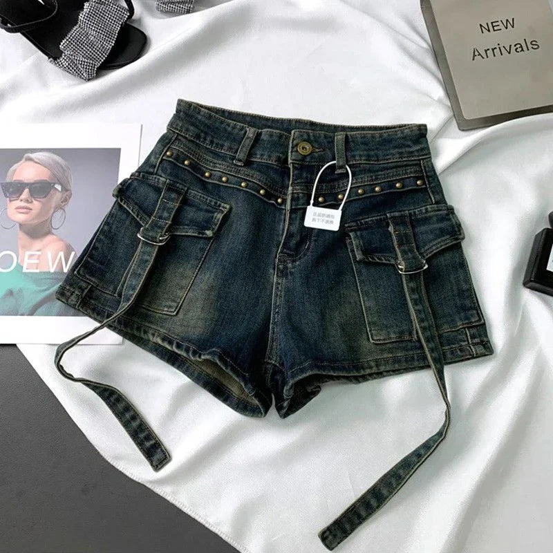 Shorts Cargo Denim Mujer Y2K 2000s | Tiro Alto Vintage Estilo Streetwear Verano