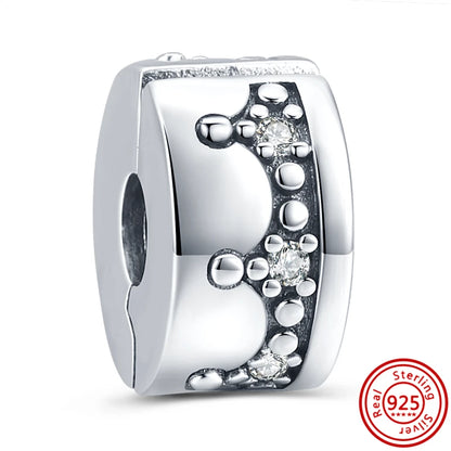 Charm Clip Plata 925 con Corazones, Corona y Concha | CZ Pavé Brillante | Compatible Pandora Original