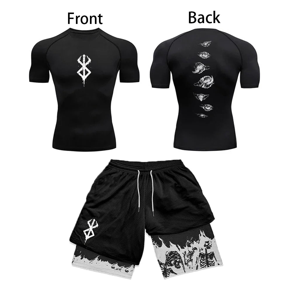 Conjunto Compresivo Anime 3D para Hombre – Camiseta de Manga Corta y Shorts de Gym, Secado Rápido y Transpirable