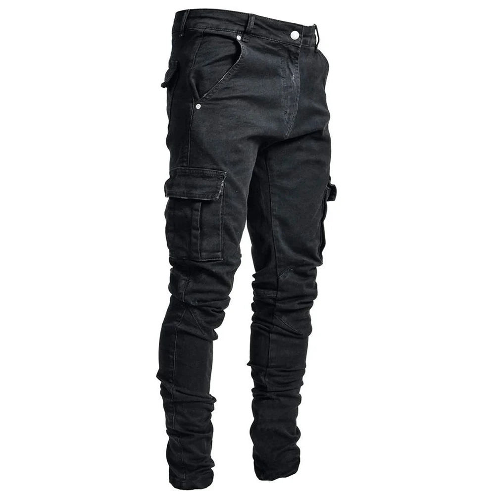 Jeans Cargo Elásticos para Hombre – Denim Lavado, Color Sólido, Múltiples Bolsillos, Casual, Slim Fit y Streetwear