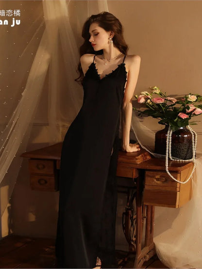 Camisón Largo Sexy Mujer | Lencería Satén Tirantes Espagueti y Encaje