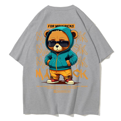 Camiseta de Algodón con Estampado de Oso – T-shirt Redonda Oversize Unisex Suelta, Transpirable y Casual