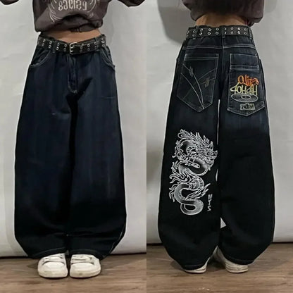 Jeans Streetwear de Cintura Alta para Hombre – Pantalones Oversize Y2K Retro Harajuku con Bordados Estilo Hip Hop Gótico