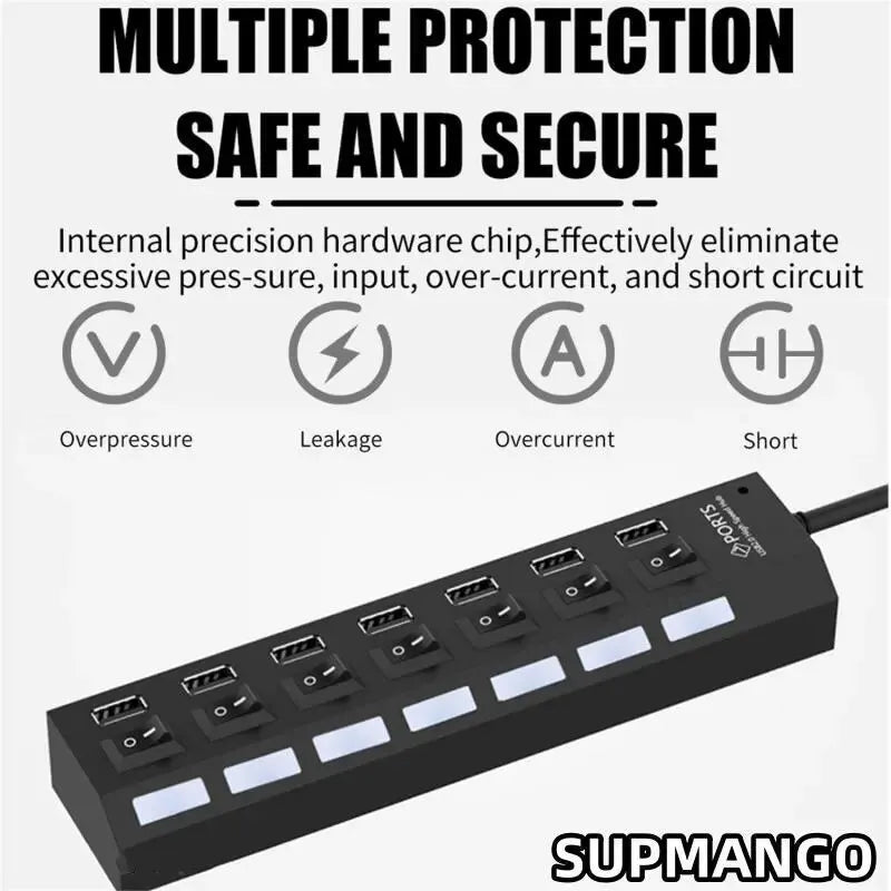 USB Hub 7 Puertos 2.0 – Adaptador Extensor de Datos para Laptop y PC
