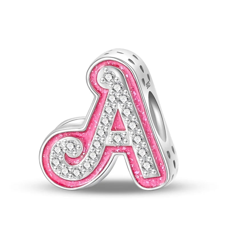 Charm letra alfabeto A-Z con circonias rosas en plata 925 – Abalorio elegante para pulseras tipo Pandora, joyería DIY personalizada