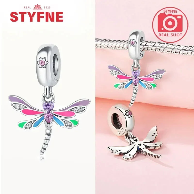 Charm Plata S925 Mariposa Libélula Flores con Gemas | Compatible Pulsera Pandora