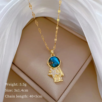 Collar de Lujo Ligero Acero Titanio Astronauta | Collar con Dije de Astronauta, Luna, Estrella y Planeta para Mujer Color Dorado
