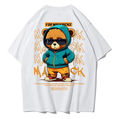 Camiseta de Algodón con Estampado de Oso – T-shirt Redonda Oversize Unisex Suelta, Transpirable y Casual