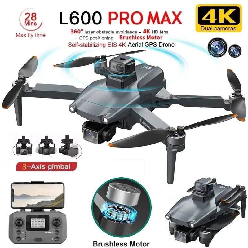 Drone Profesional L600 Pro Max GPS – Cámara Dual 4K HD, Estabilizador 3 Ejes, Motor Brushless, Evitación de Obstáculos, 5G WiFi RC