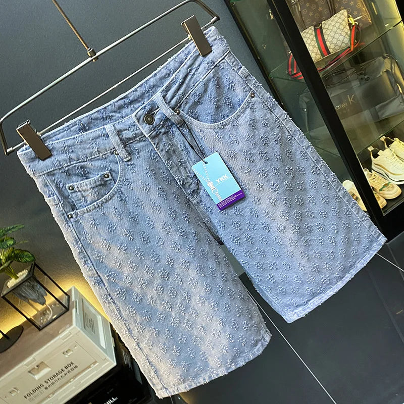 2025 new summer high-end denim shorts for men, loose straight leg oversized pants, retro embroidered five quarter pants