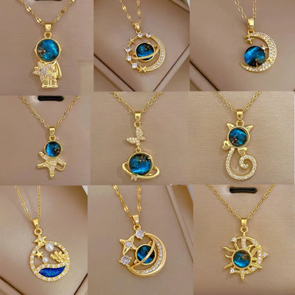 Light Luxury Titanium Steel Star Series Necklace for Women Gold Color Planet Moon Astronaut Pendant Necklaces Jewelry Gifts