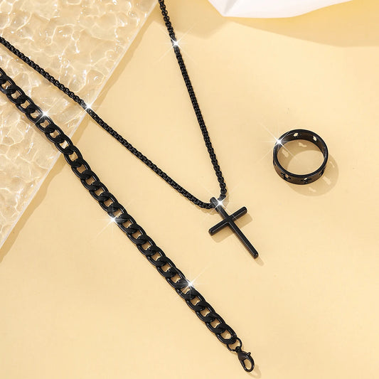 Set de Joyería para Hombre 3 Piezas – Collar con Cruz, Pulsera y Anillo en Acero Inoxidable Estilo Hip Hop