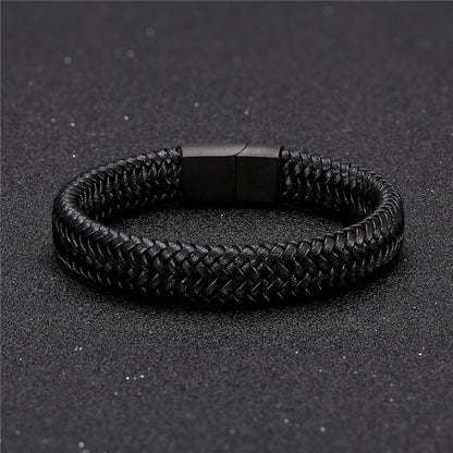 Pulsera de Cuero Genuino para Hombre – Joyería Clásica con Cierre Magnético de Acero Negro