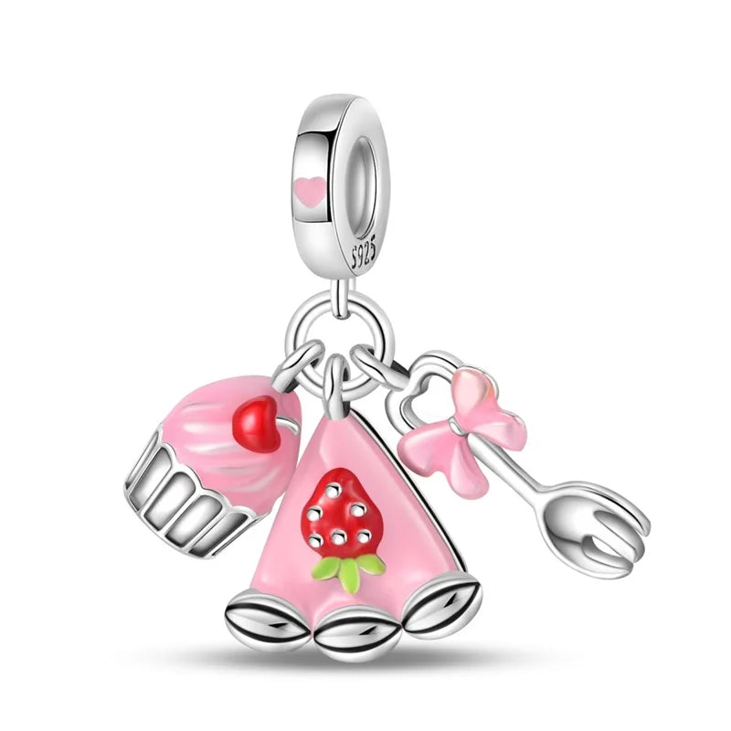 Charms de Plata 925 Frutas (Fresa, Cereza, Manzana y Aguacate) – Abalorios Coloridos para Pulseras Originales