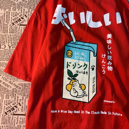 Camiseta Oversize Unisex Algodón | Estampado Japonés Gatito Harajuku Casual Verano