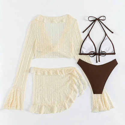 Bikini 4 Piezas Mujer 2025 | Traje de Baño Sexy con Cover Up Manga Larga Estilo Brasileño