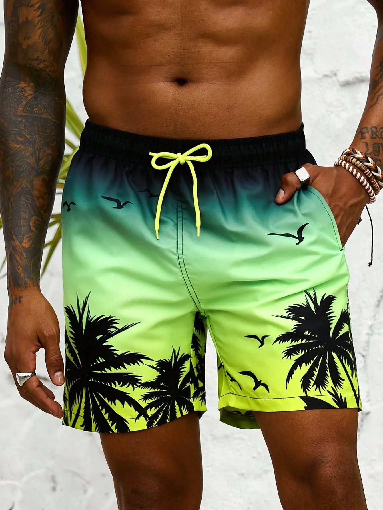 Pantaloneta de Playa para Hombre con Estampado de Palmeras 3D – Shorts de Baño con Cordón Ajustable, Verano Surf y Natación
