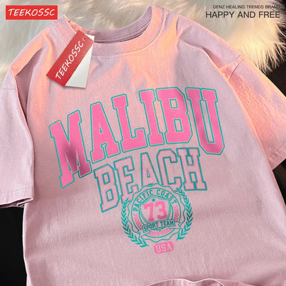 Camiseta Oversize Malibu Beach – T-shirt Casual Unisex con Estampado de Letras, Algodón, Cuello Redondo