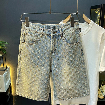 2025 new summer high-end denim shorts for men, loose straight leg oversized pants, retro embroidered five quarter pants