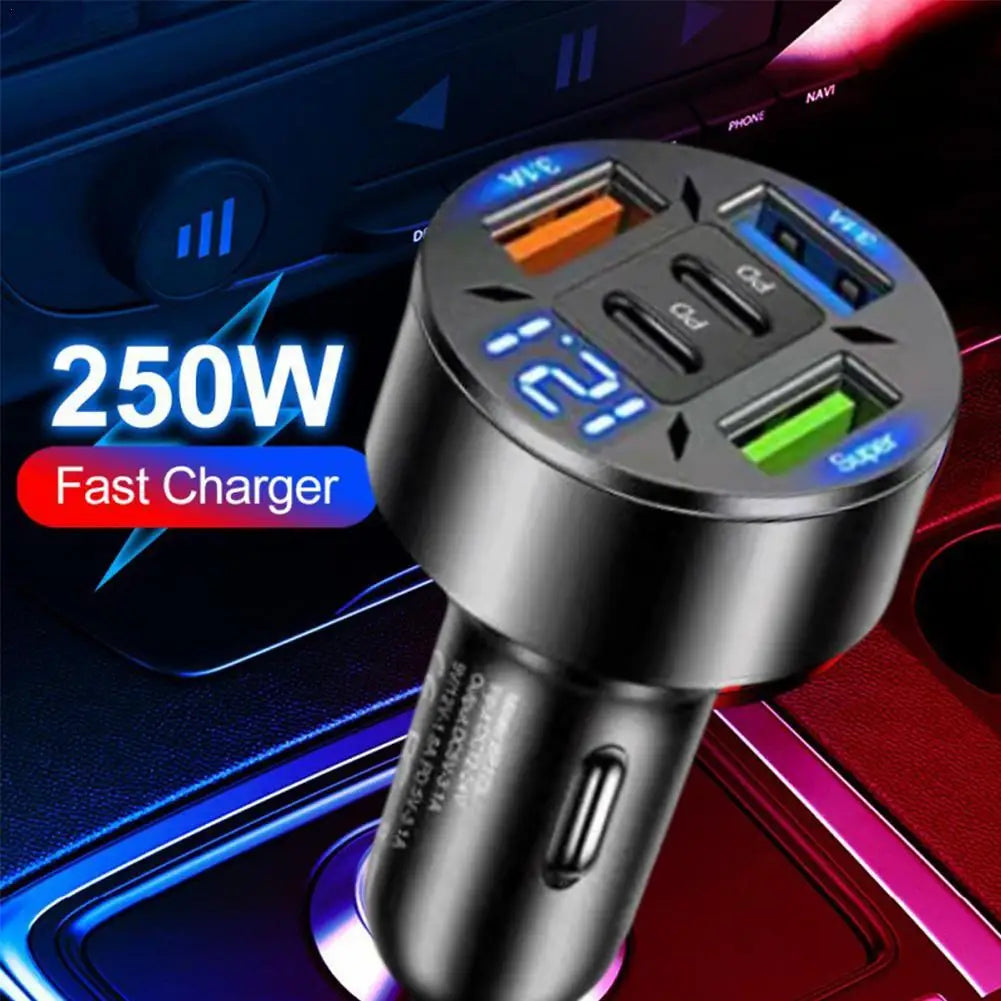 Cargador de Auto 250W 5 Puertos USB C PD QC3.0 – Carga Rápida para iPhone y Smartphones