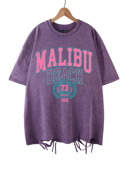 Camiseta Oversize Malibu Beach | T-Shirt Algodón Estampado Letras Estilo Lavado