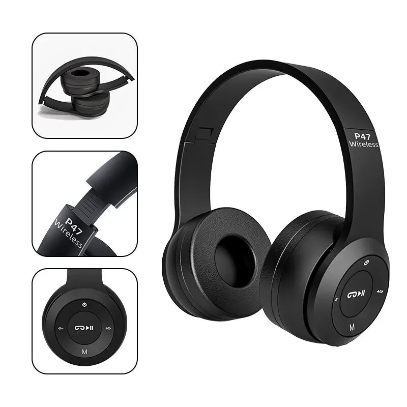 Auriculares P47 Bluetooth 5.0 – Diadema Plegable Inalámbrica con Micrófono, Compatibles iPhone/Android, Diseño Deportivo