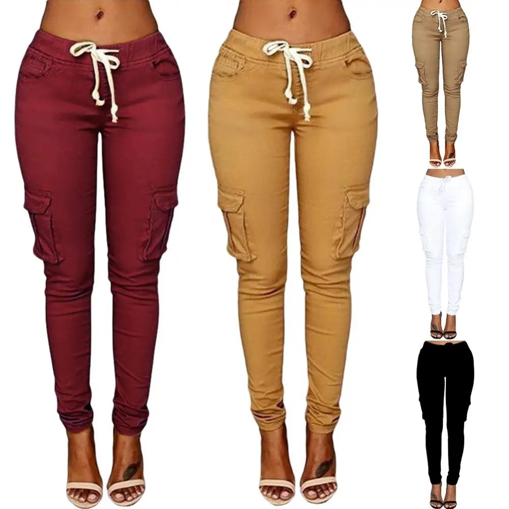 Pantalones Rectos Mujer | Cargo con Cordón Cintura Alta Multi-Bolsillos Casual S-4XL