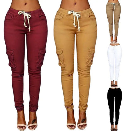 Pantalones Rectos Mujer | Cargo con Cordón Cintura Alta Multi-Bolsillos Casual S-4XL