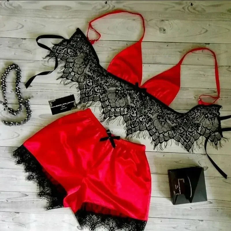 Conjunto Lencería Mujer 2025 | Bralette y Panty de Seda Satinada con Encaje