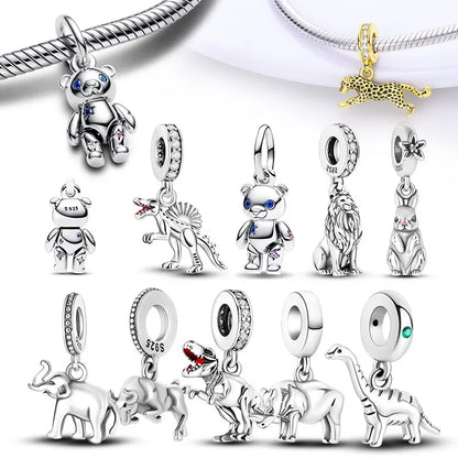 Charm de Plata 925 Animales – Dinosaurio, León, Lobo, Tigre, Conejo | Compatible con Pulsera Pandora