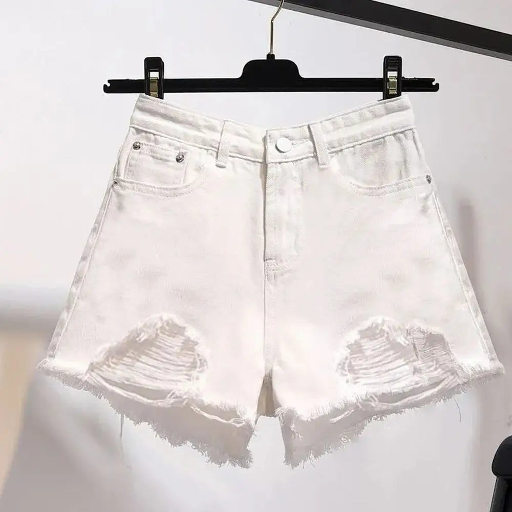 Shorts Vaqueros Mujer Blancos | Denim Cintura Alta Casual Y2K con Flecos y Roturas